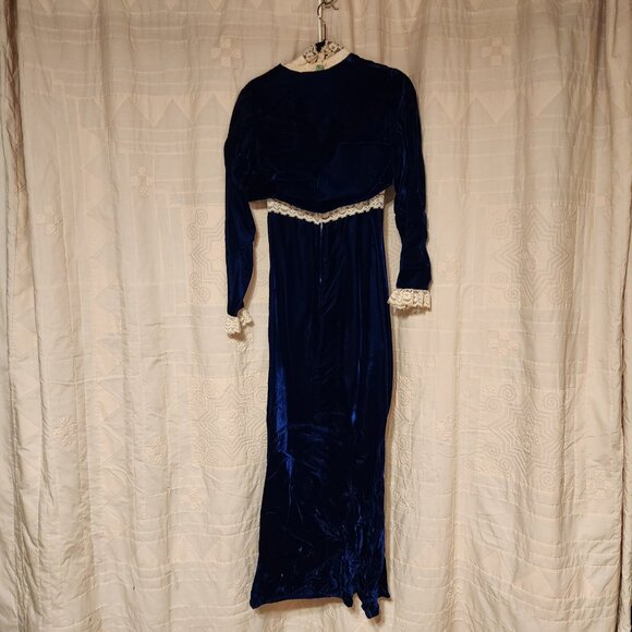 🕯️ Vtg 60s Blue Velvet Lace 2pc Gown & Jacket Set 10 🕯️ - Picture 6 of 11